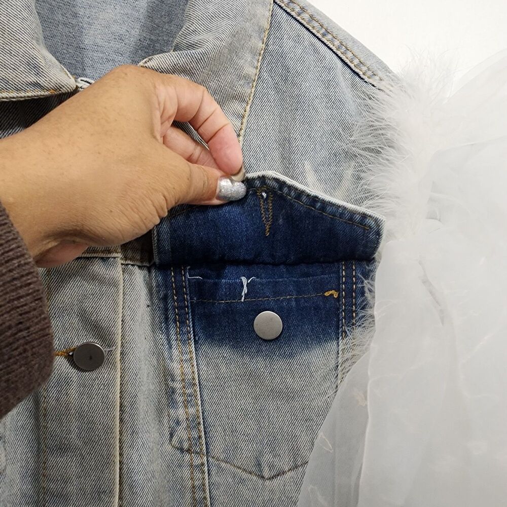 Upclycled Bujtton-front denim vest oversized white tulle ruffle sleeves Size L - Picture 9 of 16